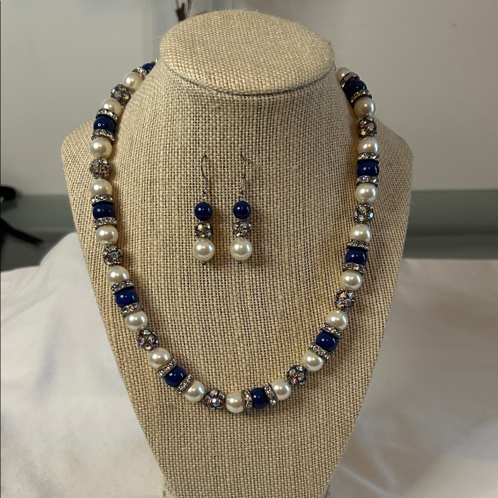 Elegant Pearl and Blue Bead Necklace Set
